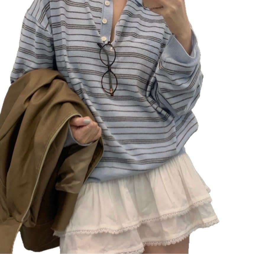 Blue Striped Sweater Women's Loose Long Sleeve Polo Collar Top view 4