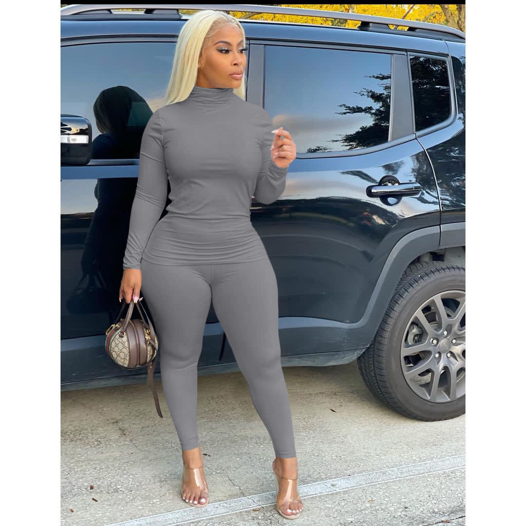 Solid Color Turtleneck Casual Two-piece Suit view 8