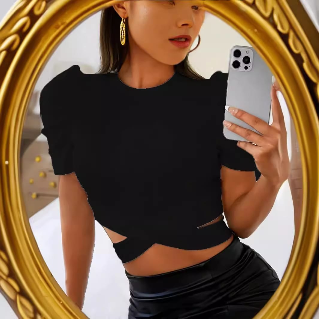 Solid Color Rib Fabric Slim Elastic Thread Round Neck Puff Short Sleeve view 3