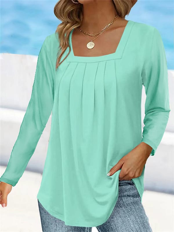 Women's Pleated Square Collar Long Sleeve Imitation Cotton Large Size T-shirt view 6