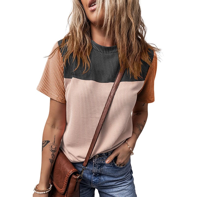 Color Matching Rib Short-sleeved T-shirt Round Neck Three-quarter Sleeve Top view 11