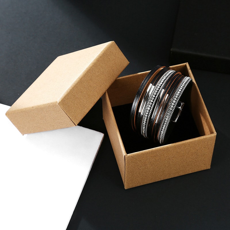 Multi-layer Genuine Leather Slim Chain Copper Tube Stick-on Crystals Bracelet view 3