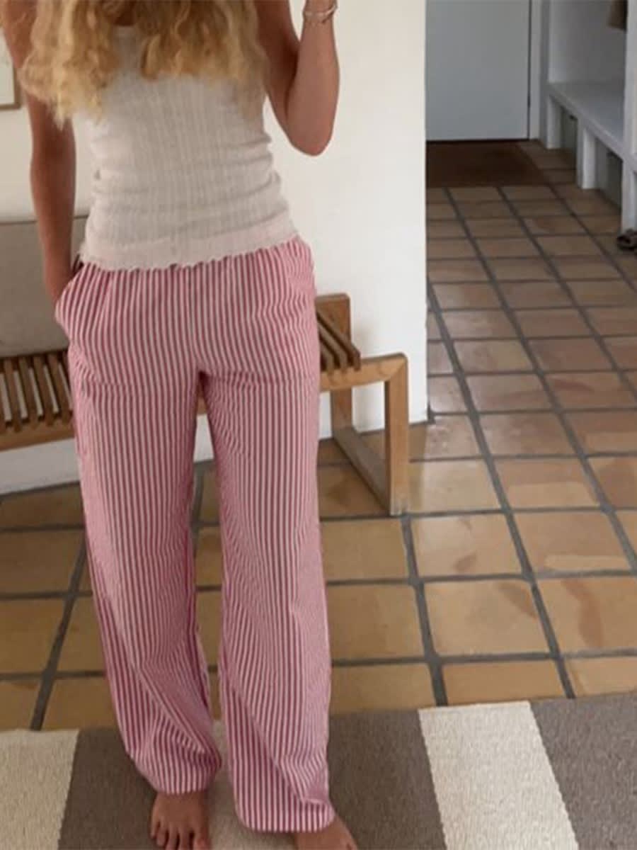 Striped Printed Elastic Waist Drawstring Pocket Straight Casual Trousers view 21