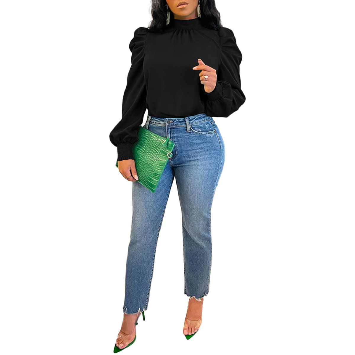 Stand Collar Puff Sleeve Back Lace-up Top view 9
