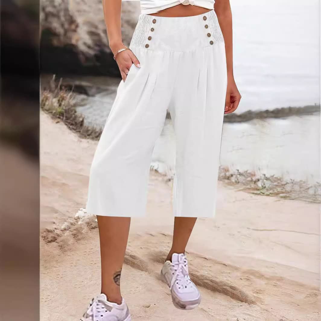 Women's Cotton And Linen Solid Color Buttons Loose Casual Cropped Pants view 8