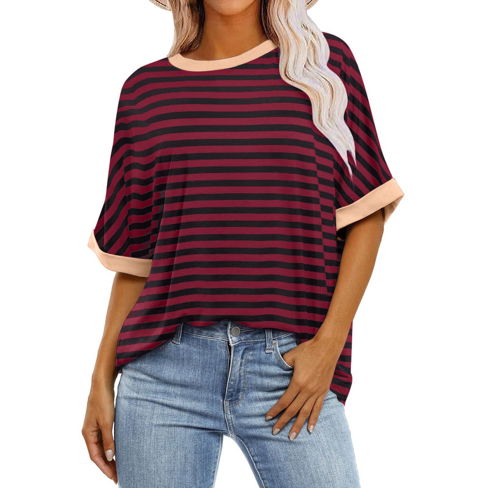 Women's Striped Printed Loose Color Matching Short Sleeve view 2