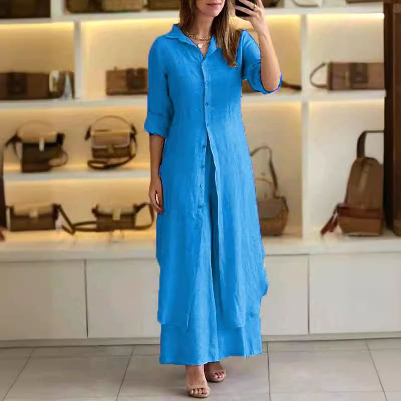 Urban Elegant Cotton And Linen Slim-fit Waist-tight Long Shirt Wide-leg Pants Suit view 4