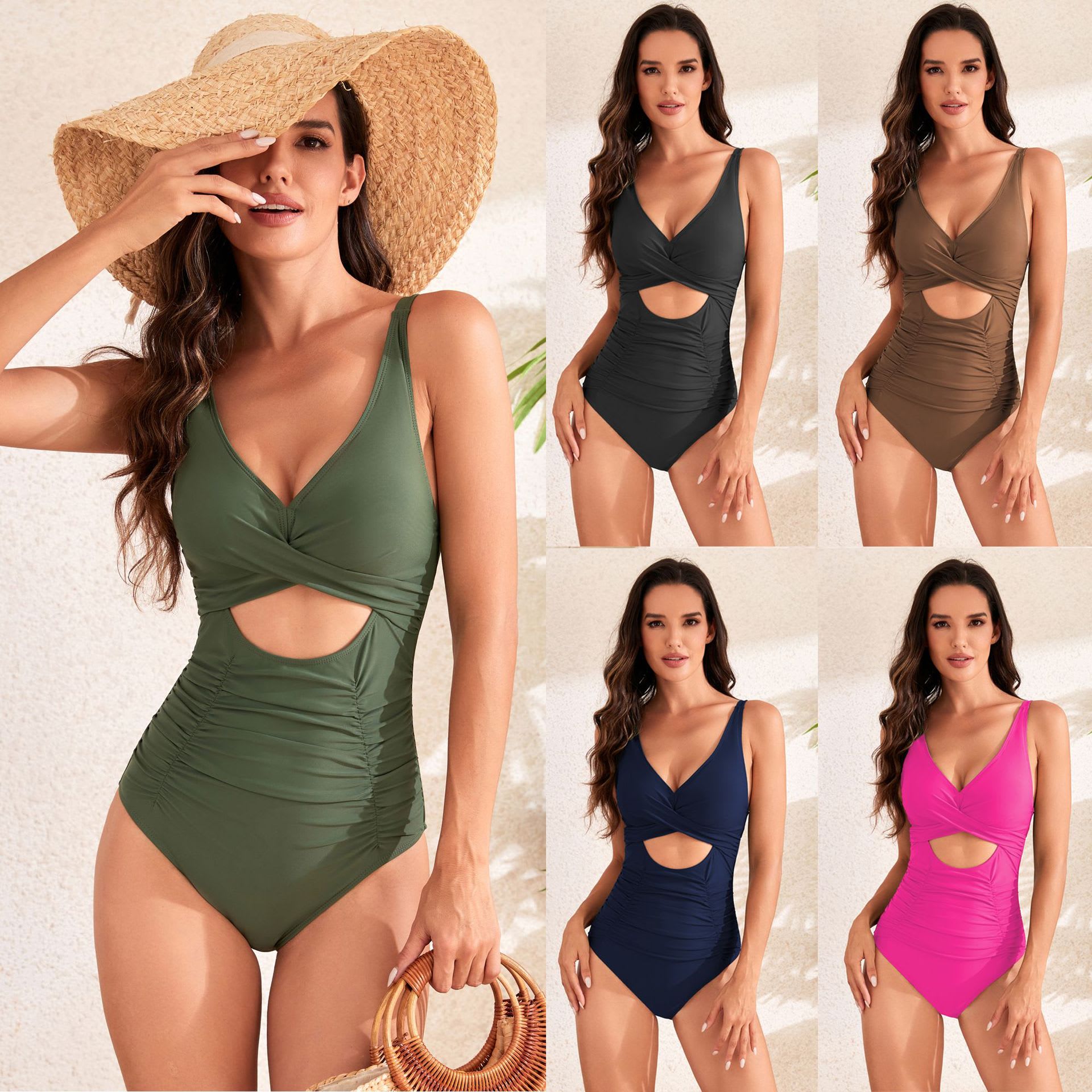 Solid Color Cross Pack Pleating High Waist Swimsuit view 14