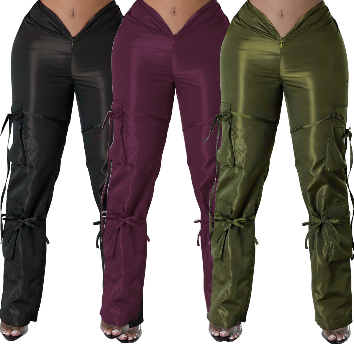 Women's Zipper Closure Strap Solid Color Green Casual Trousers view 6