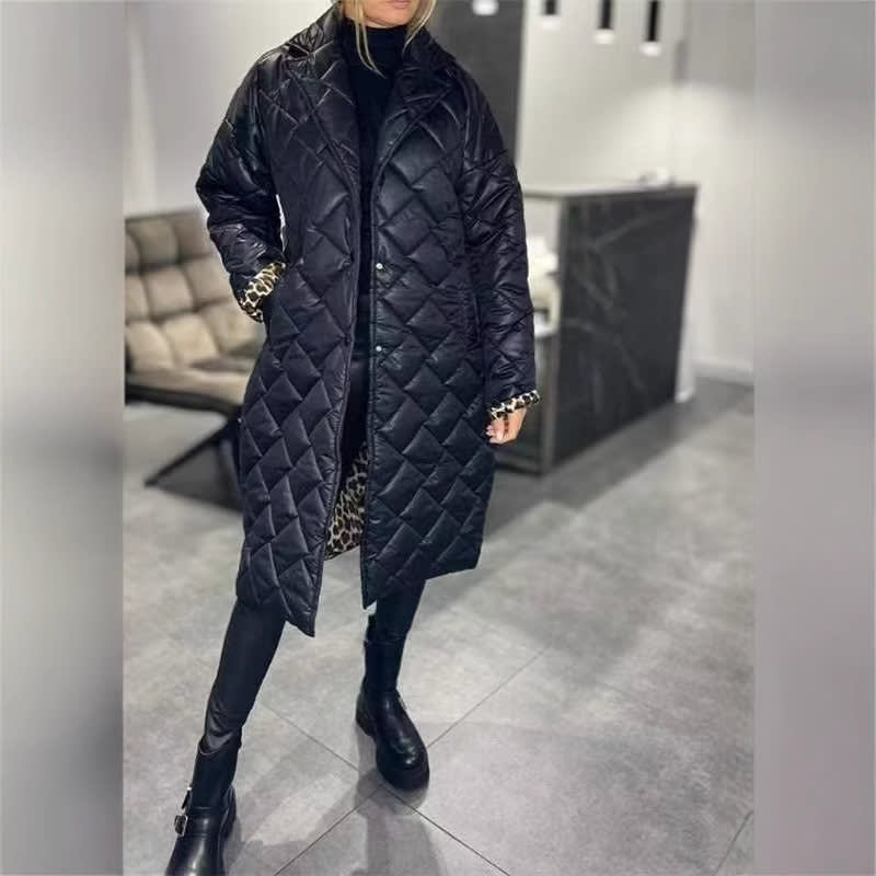 Winter Rhombus Stitching Coat Warm Solid Color Pocket Lapel Long Jacket Women's Clothing view 4