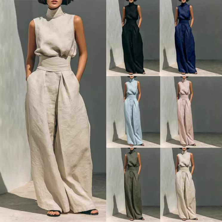 Casual Sleeveless Suit Summer Stand-up Collar Pullover Top And Loose Straight-leg Trousers Women's Clothing view 5