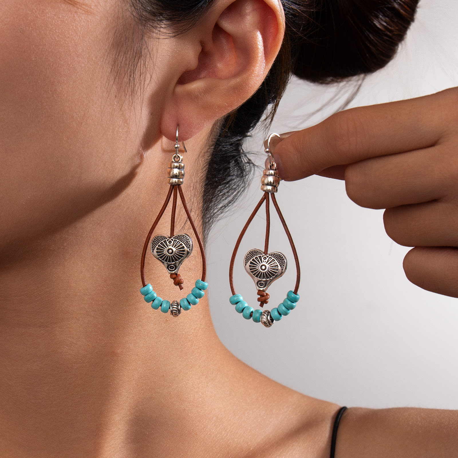 Vintage Earrings Ethnic Style Antique Silver Flower Turquoise Rope Pendant Women's Jewelry view 28