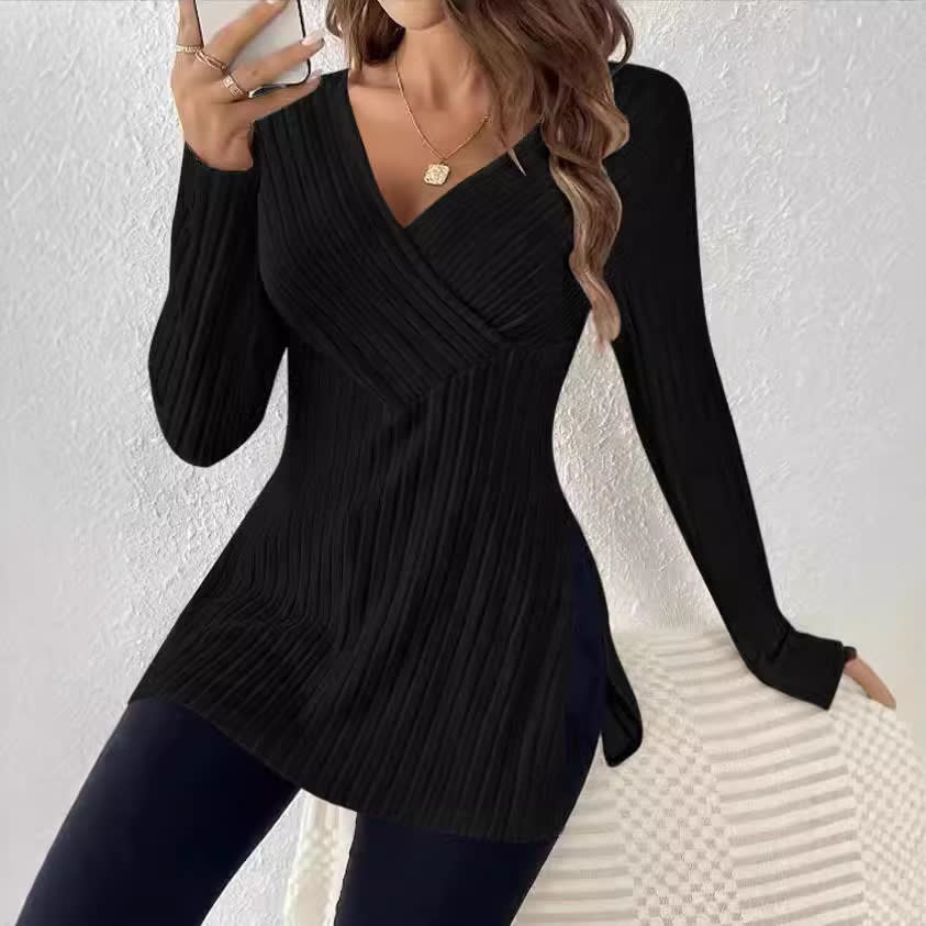 Long Sleeve Solid Color And V-neck Leisure Pajamas Sunken Stripe Top view 6