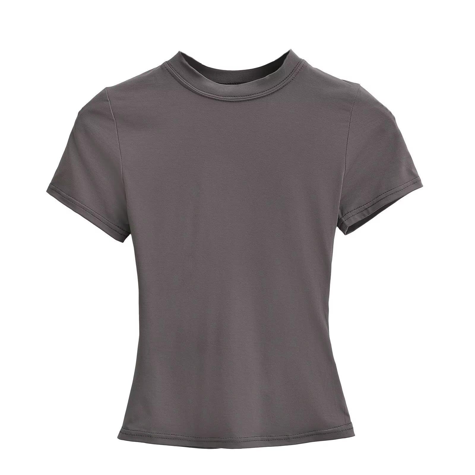 Solid Color Small Round Neck Elastic Shoulder Short Sleeve T-shirt Basic Style Waist-tight view 4