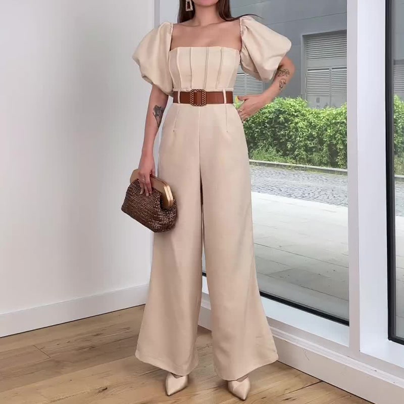Square Collar Solid Color Sleeve Fitted Waist Backless Temperament Straight Jumpsuit view 2