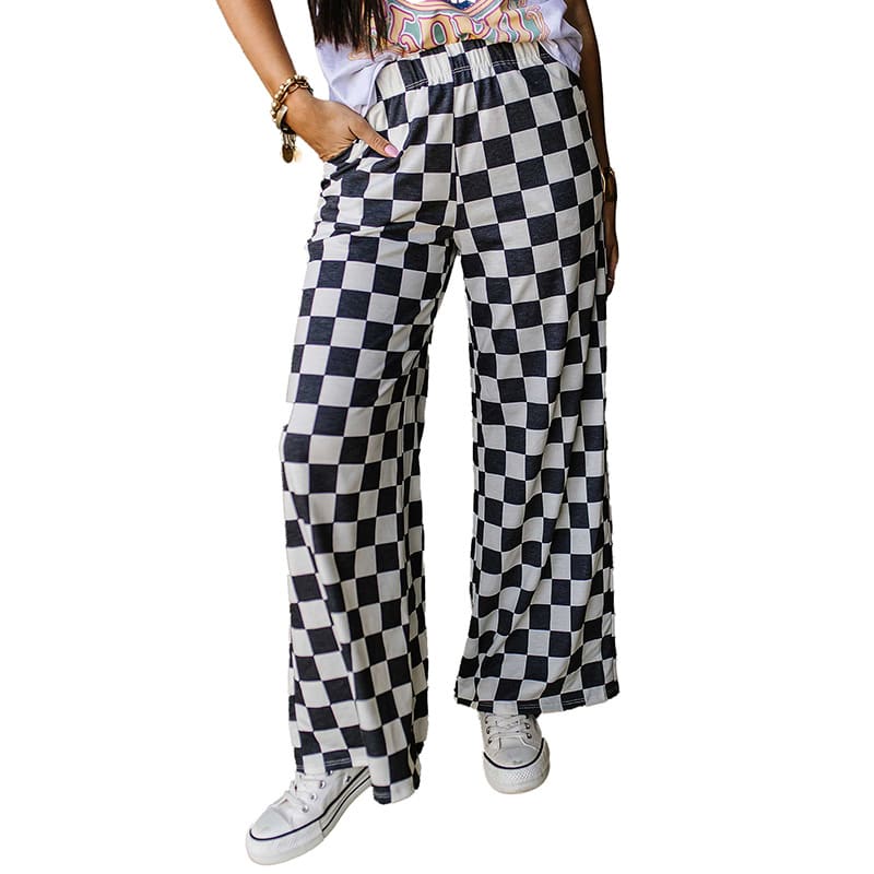 Spring New Chessboard Plaid Printed Casual All-match Loose Wide-leg Pants view 3