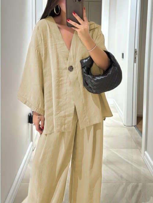 New Fashion Loose-fitting Women's V-neck Top And Wide Leg Pants Casual Suit view 13