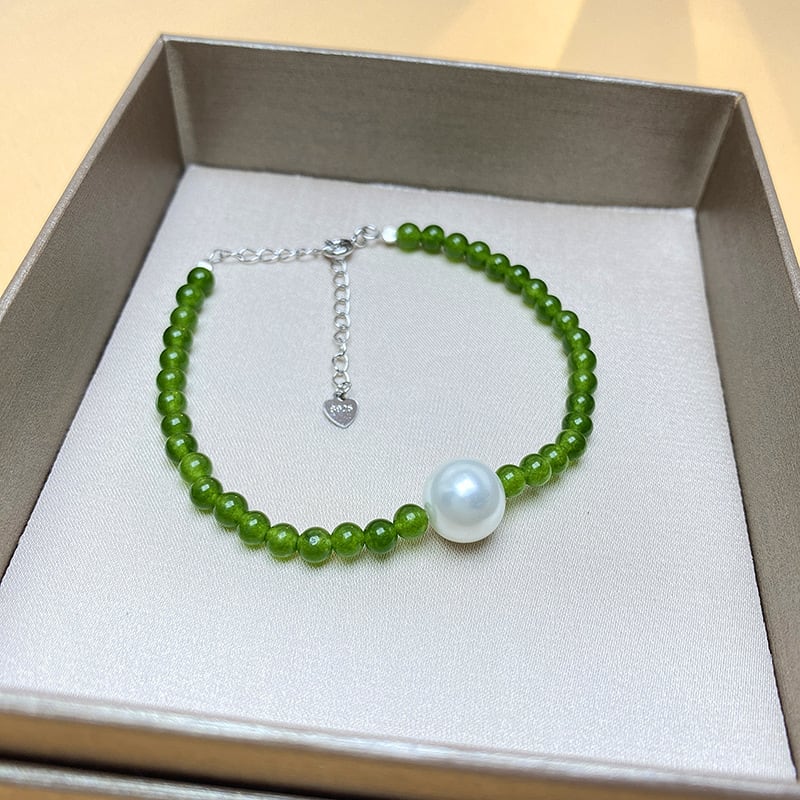 Silver White Green Chalcedony Pearl Bracelet For Women