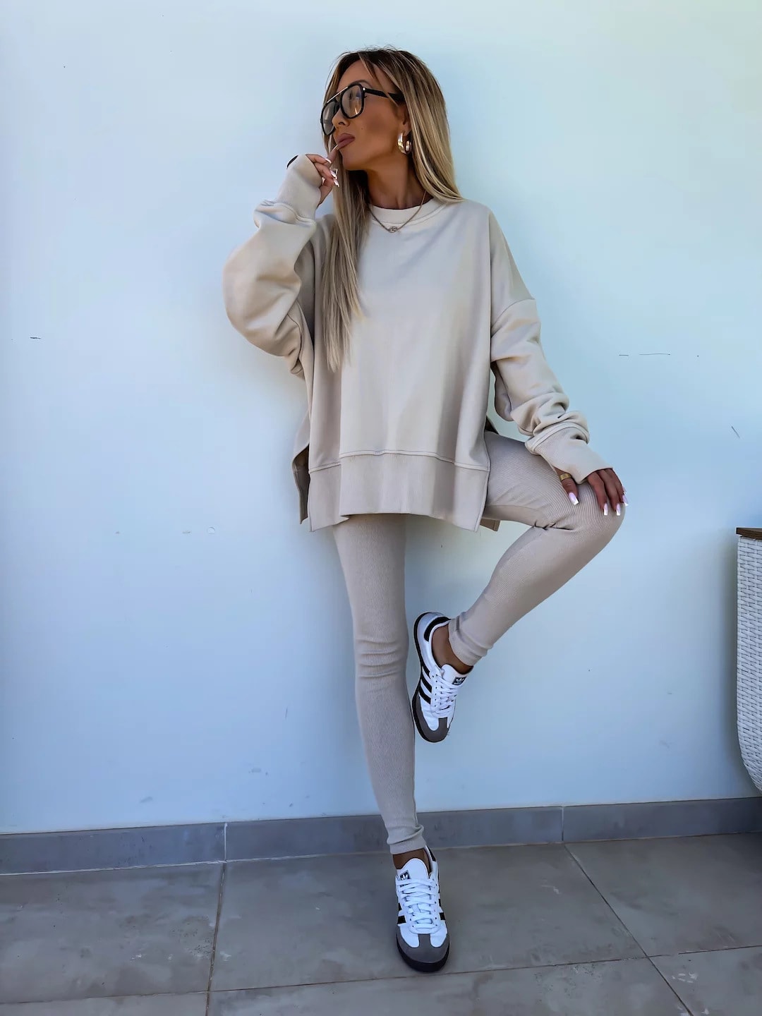 Sweater Suit Women's Casual Loose Long Sleeve Crew Neck Split Top Tight Trousers view 29