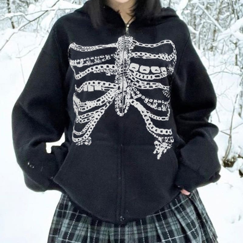 European And American Niche Dark Style Chain Bone Hooded Sweater view 6