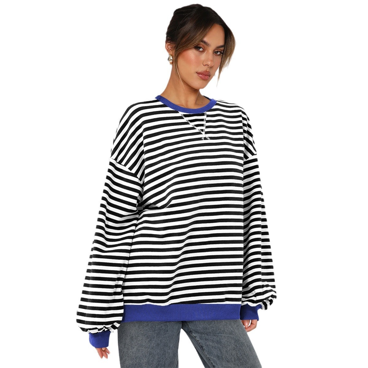 Women's Fashion Round Neck Striped Sweater Loose Bishop Sleeves Top view 9