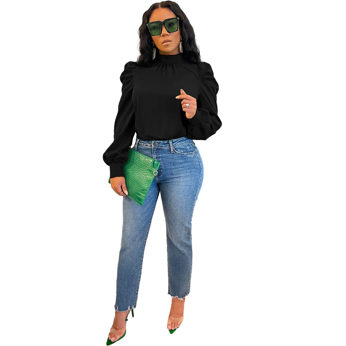 Stand Collar Puff Sleeve Back Lace-up Top view 6
