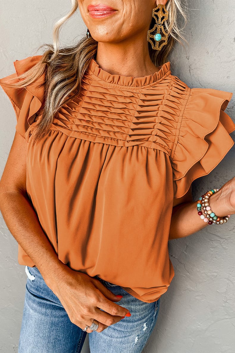 Fashion Pleated Stand Collar Pullover Leisure Pure Color Ruffles Three Quarter Sleeve view 10