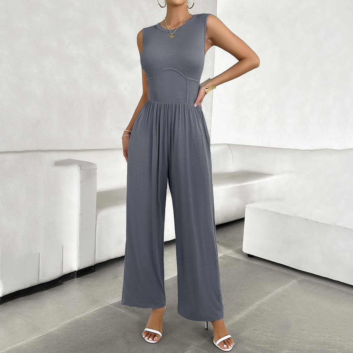Temperament Pure Color Slim Sleeveless Jumpsuit view 5