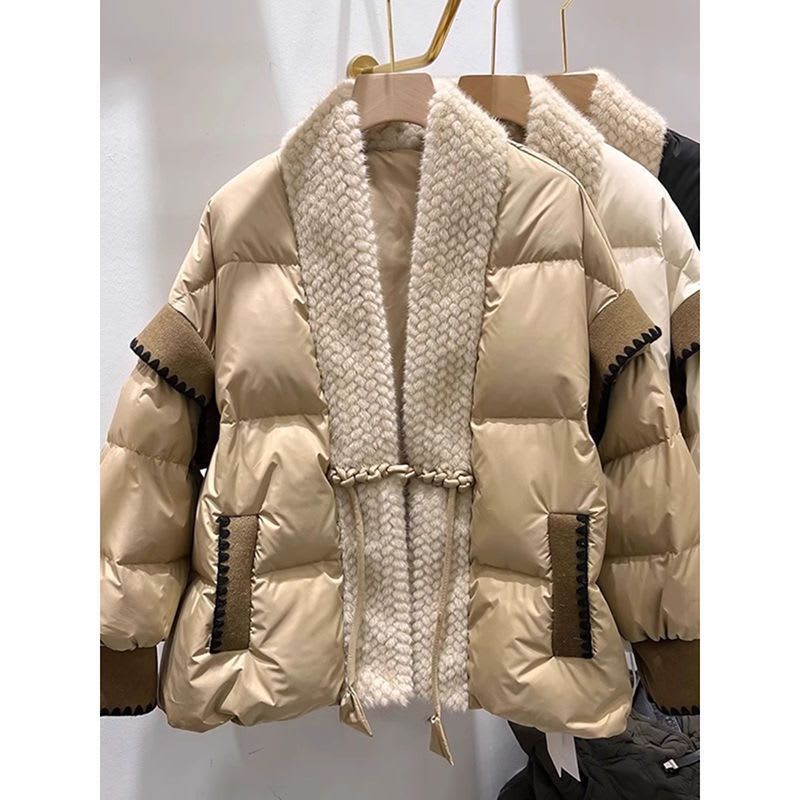 V-neck Frog Button Stitching Furry Padded Down Jacket Cotton-padded Coat view 6