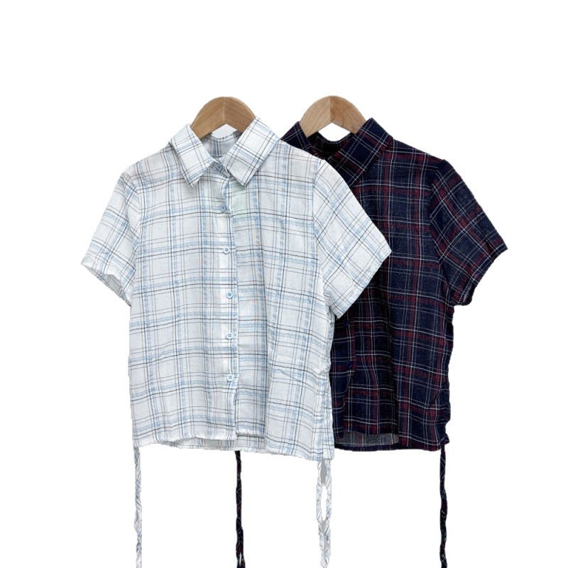 Retro Elegant Hem Pleating Short Sleeve Plaid Shirt view 4