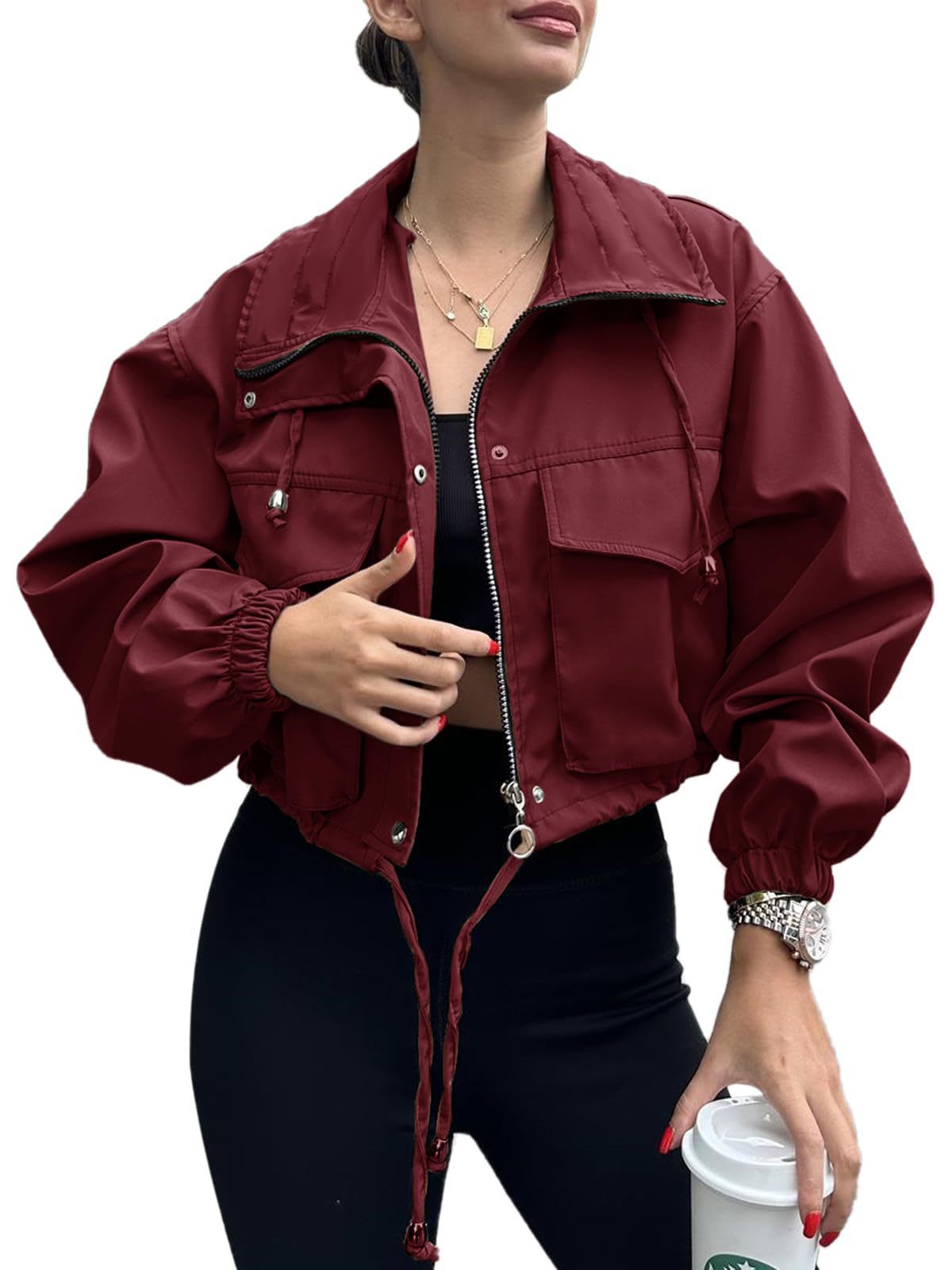 Solid Color Women's Short Jacket Zipper Trench Coat view 6