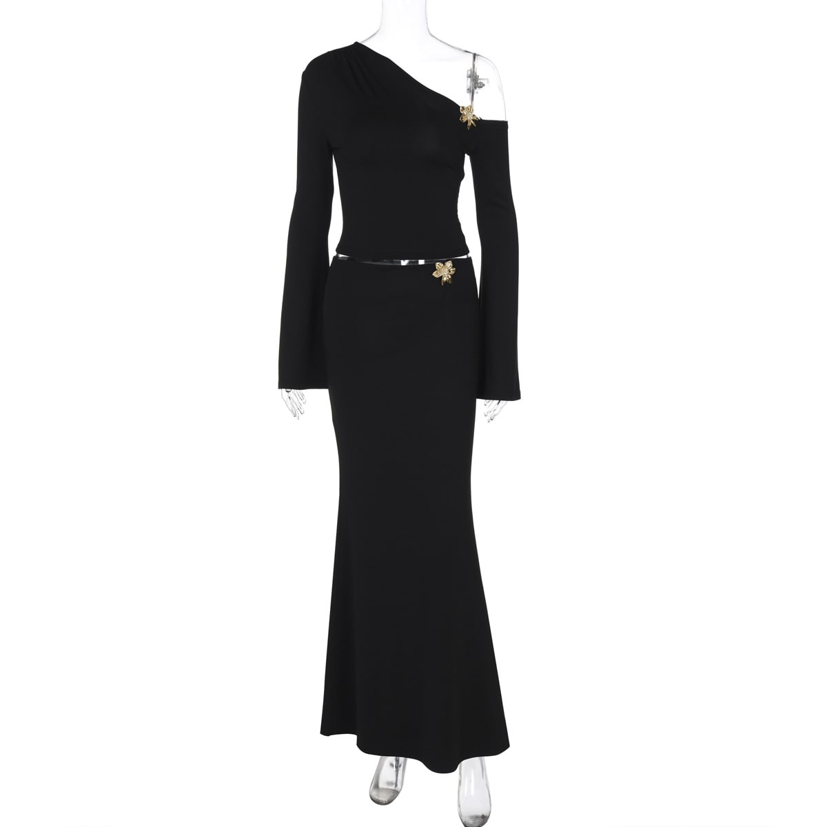 Sexy Slim Oblique Shoulder Skirt Suit With Flower Fashion Bell Sleeve Long Sleeve Top And High Waist Long Skirt Women Clothing view 7