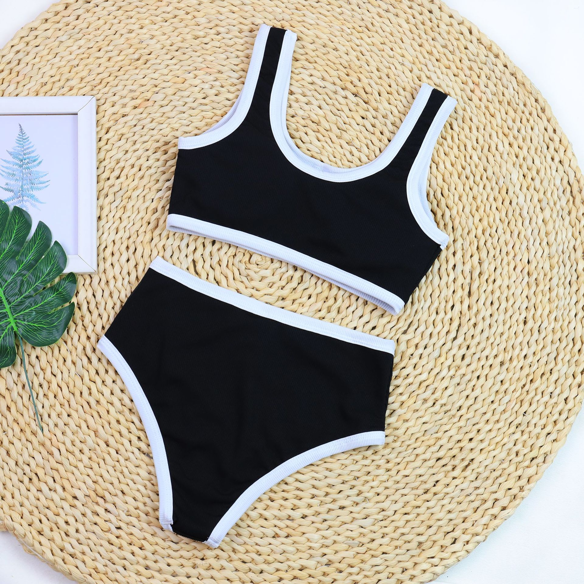 Sexy Black And White Color Matching High Waist Split Bikini Swimsuit view 3