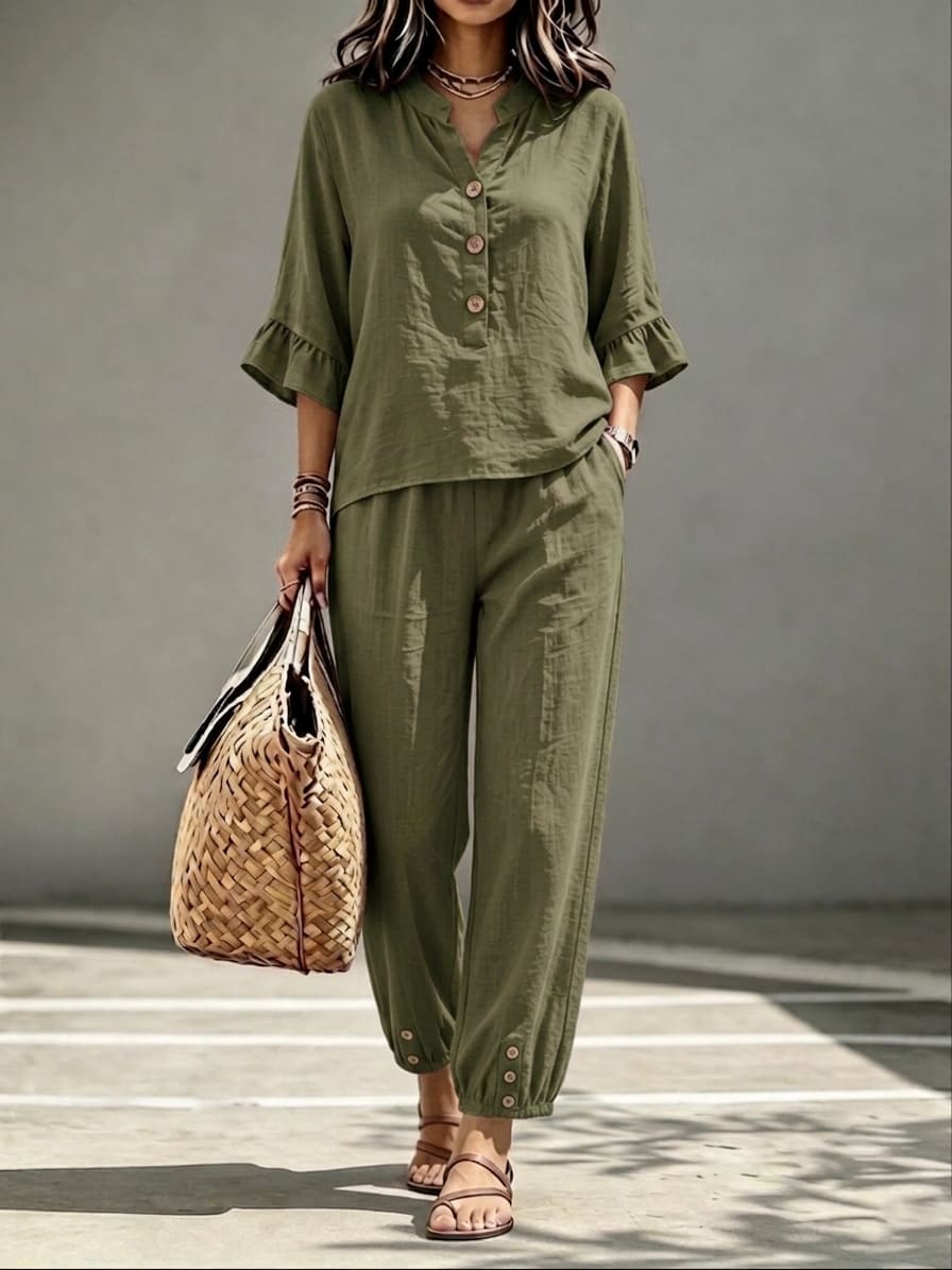 2pcs Set Women's Casual V-neck Collar Button Top Three-quarter-sleeve Top And Cropped Wide Leg Trousers Set Retro Female Office Suit view 12