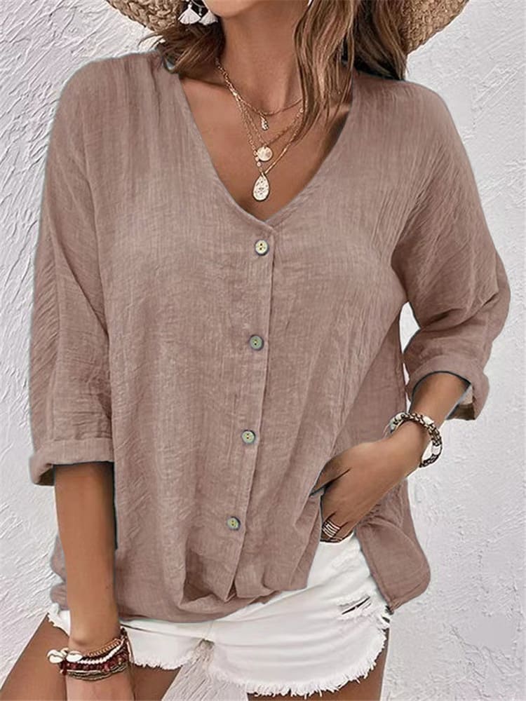V-neck Long-sleeved T-shirt Fashion Solid Color Button Top Casual Loose Clothing For Women view 2