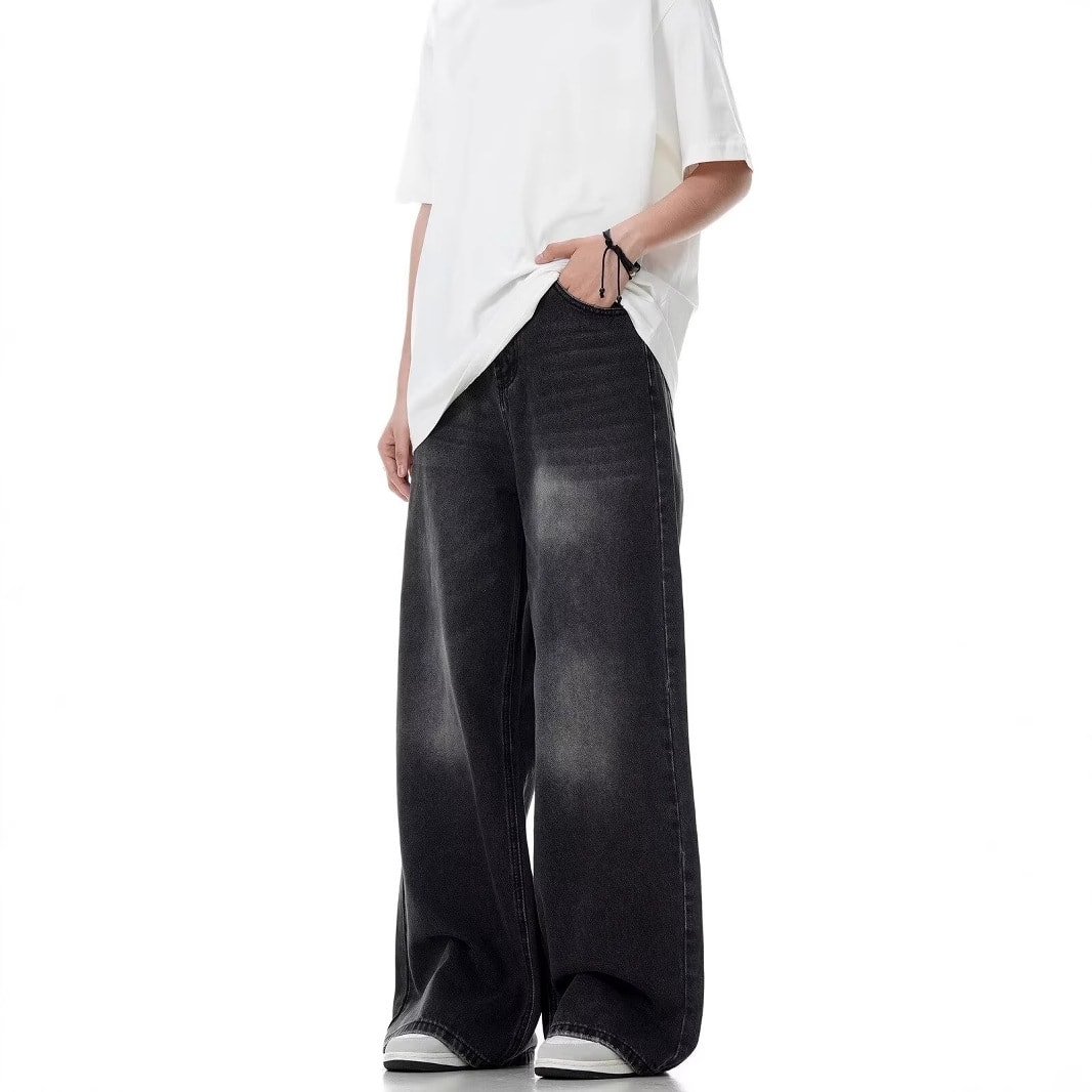 Washed Distressed Straight Loose Retro Black Jeans view 3
