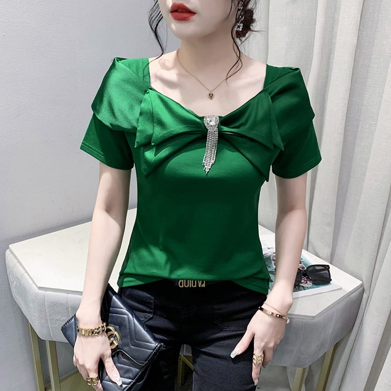 Women's Design Sense Three-dimensional Bow Waist Slimming Temperament Wild Short Sleeve view 3