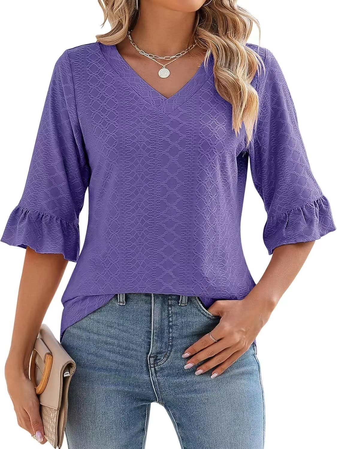 Women's Printed Hollow Ruffle Sleeve Casual Short-sleeved Top view 10