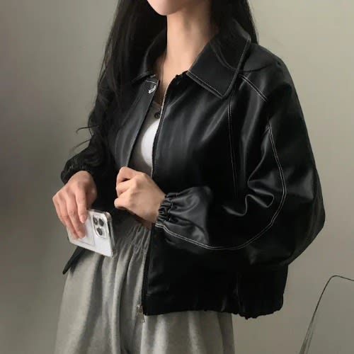 Fashion And Handsome Leather Coat Women view 3
