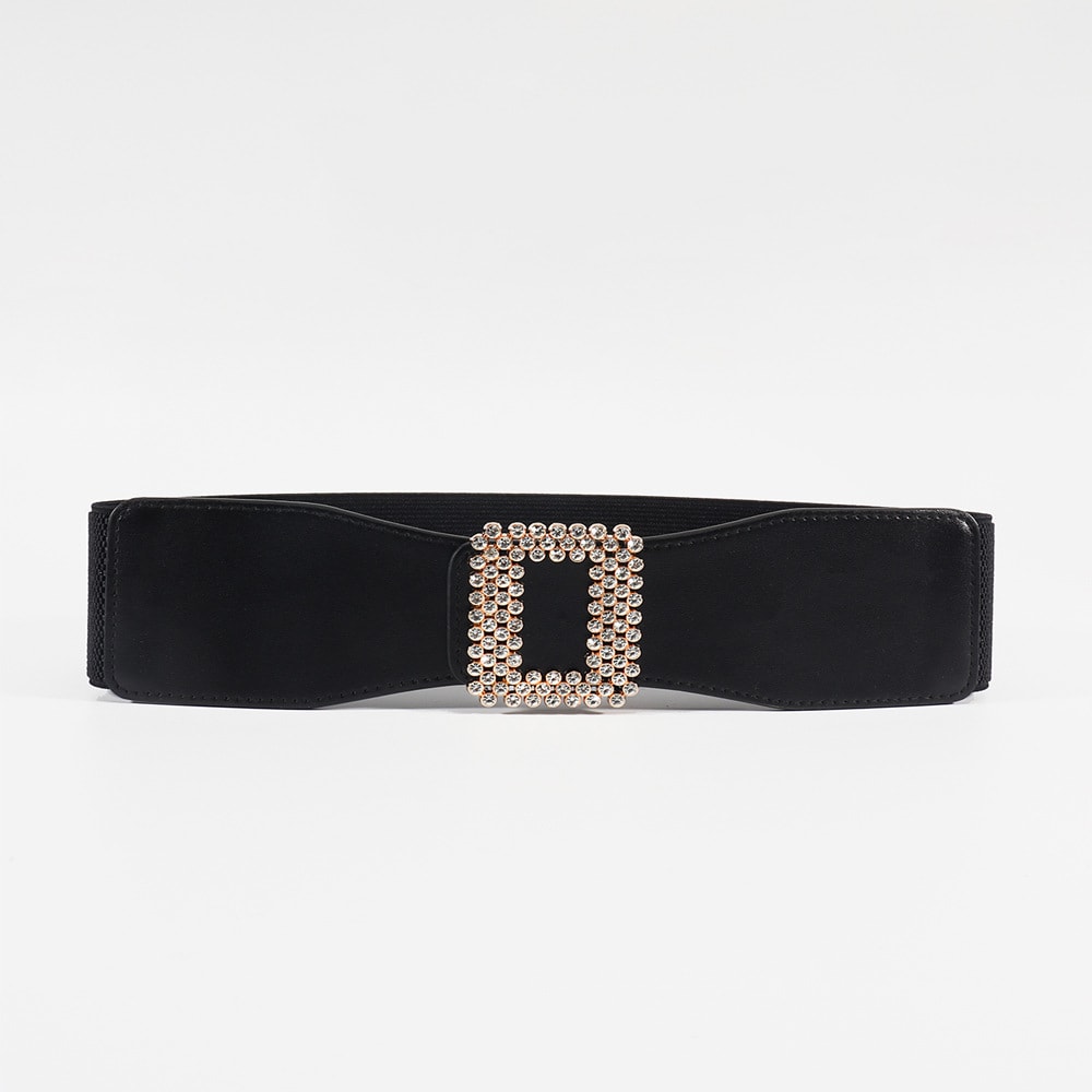 Elastic Female Black Rhinestone Square Buckle Elastic Waistband view 12