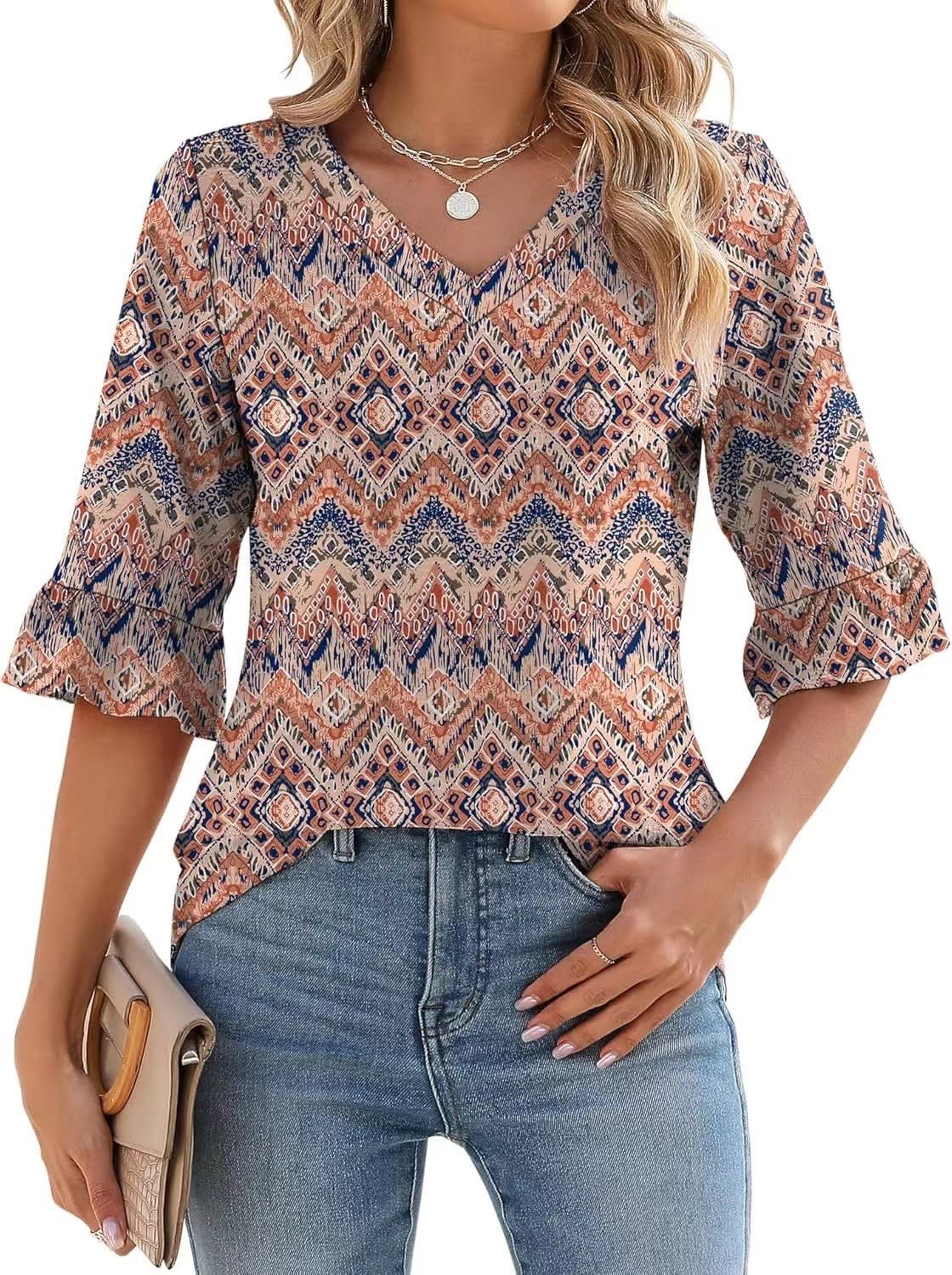 Women's Printed Hollow Ruffle Sleeve Casual Short-sleeved Top view 5