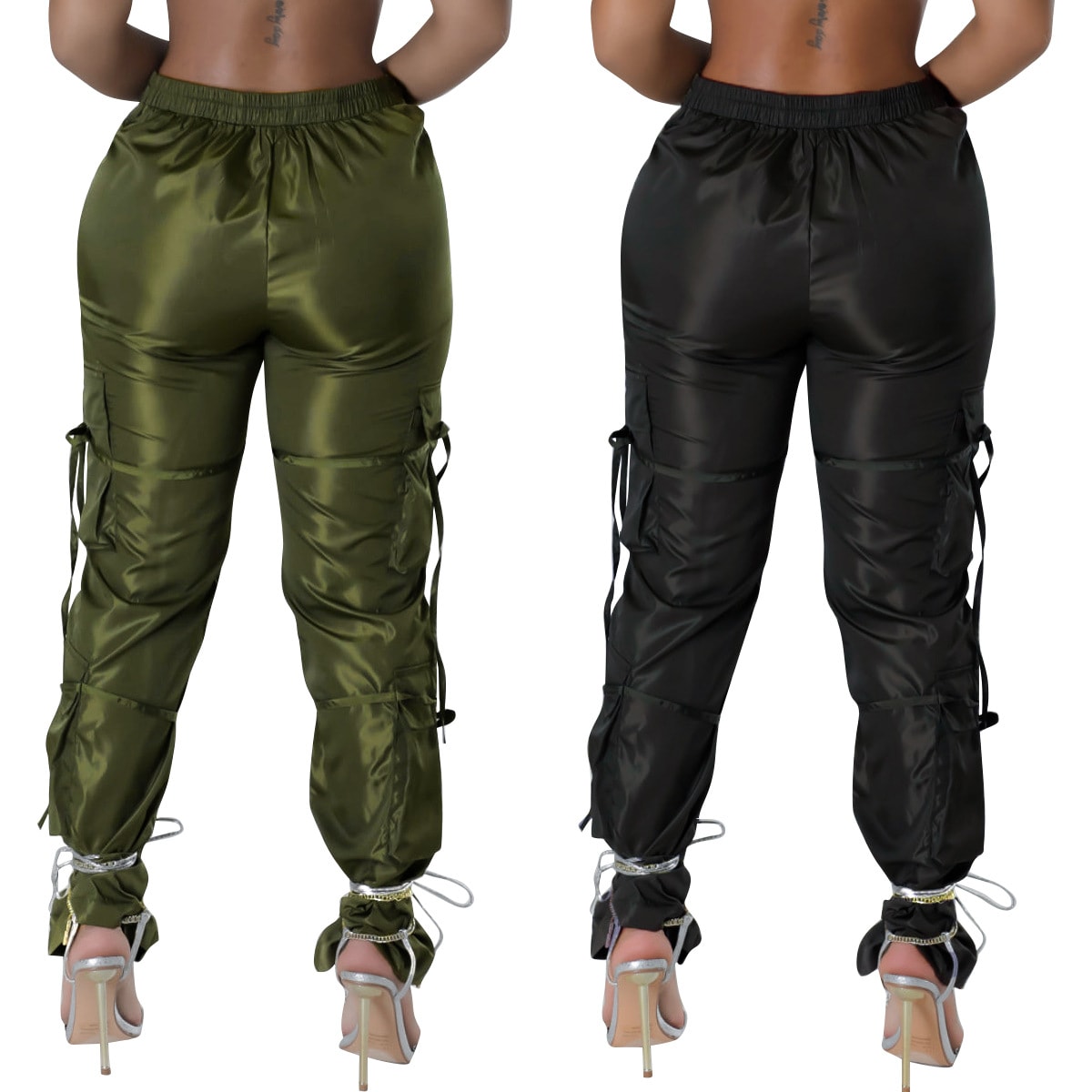 Women's Zipper Closure Strap Solid Color Green Casual Trousers view 11