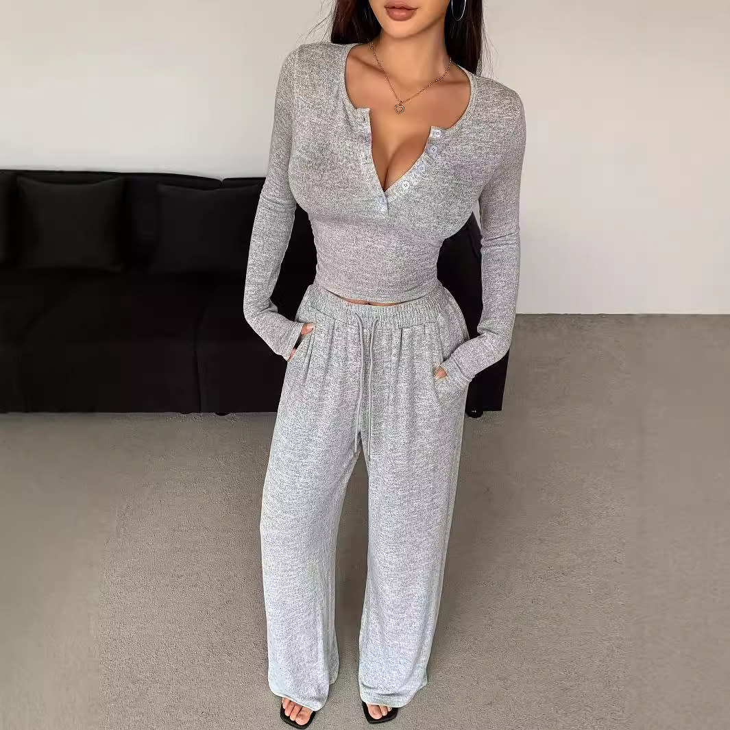 Women's Long-sleeved Button-up Solid Color Top And Trousers Two-piece Suit view 10