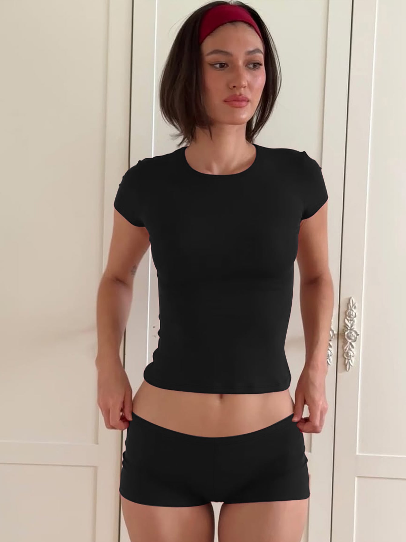 Solid Color Short Sleeve Top Casual Shorts Suit view 7