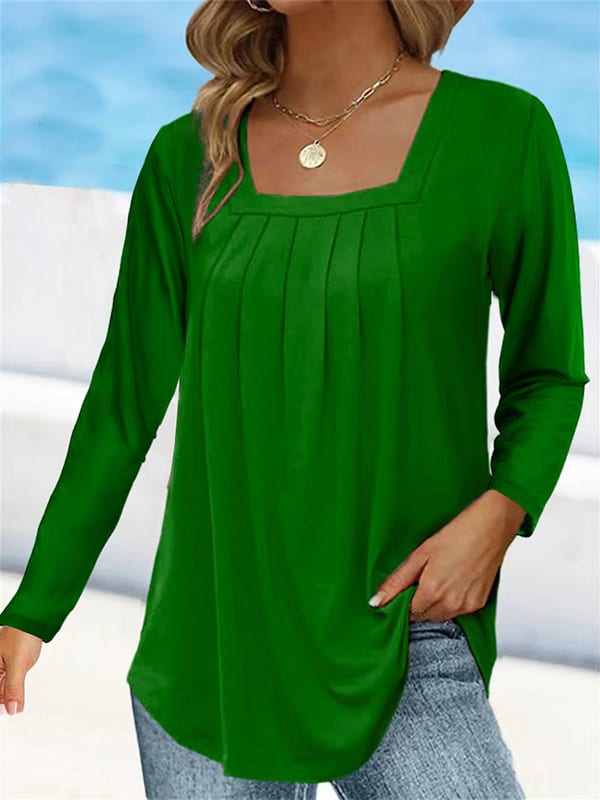 Women's Pleated Square Collar Long Sleeve Imitation Cotton Large Size T-shirt view 3