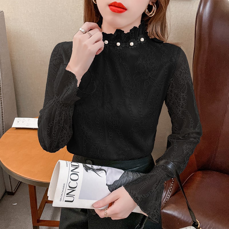 Fashion European Fleece-lined Thick Lace Bottoming Shirt Western Style Chiffon Small Shirt For Women view 8