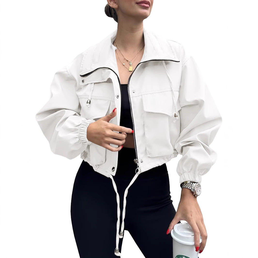 Solid Color Women's Short Jacket Zipper Trench Coat view 15