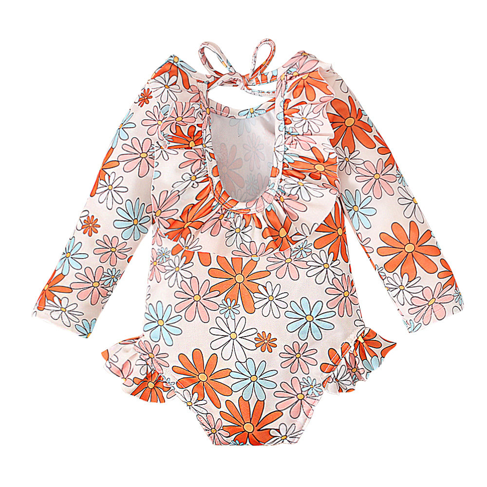 Girl's Pattern Graphic Print Crew Neck Open Back Swimsuit view 2