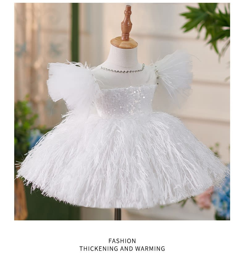 Girls Sequins White Flying Sleeves Feather Dress view 8