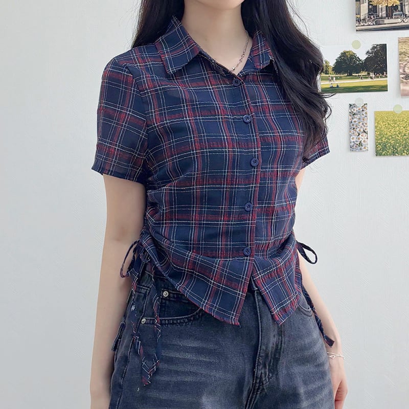 Retro Elegant Hem Pleating Short Sleeve Plaid Shirt view 3